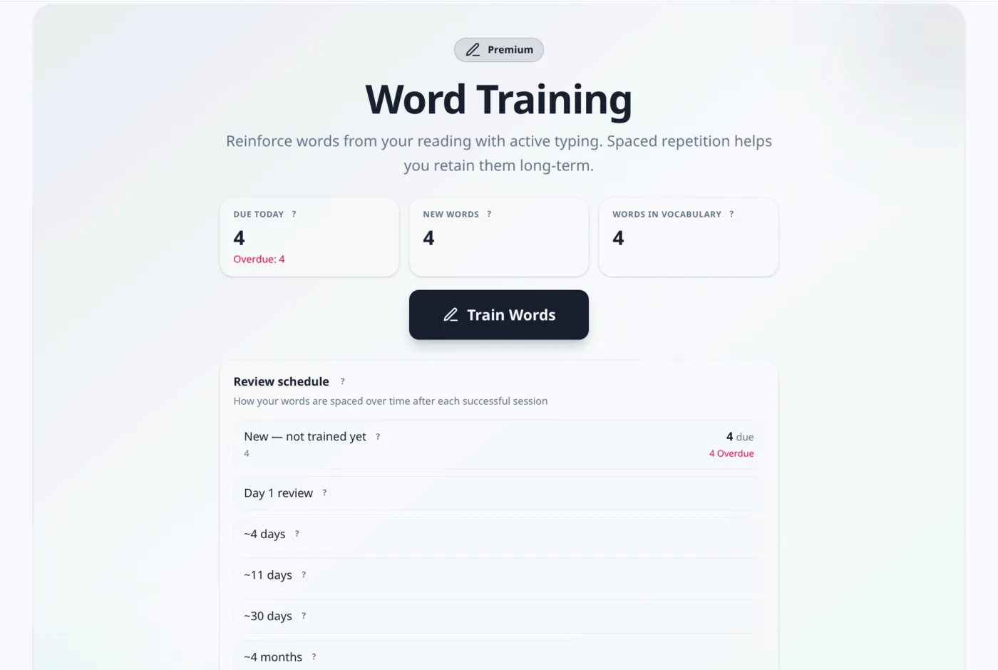 Word or phrase review trainer in MovaReader